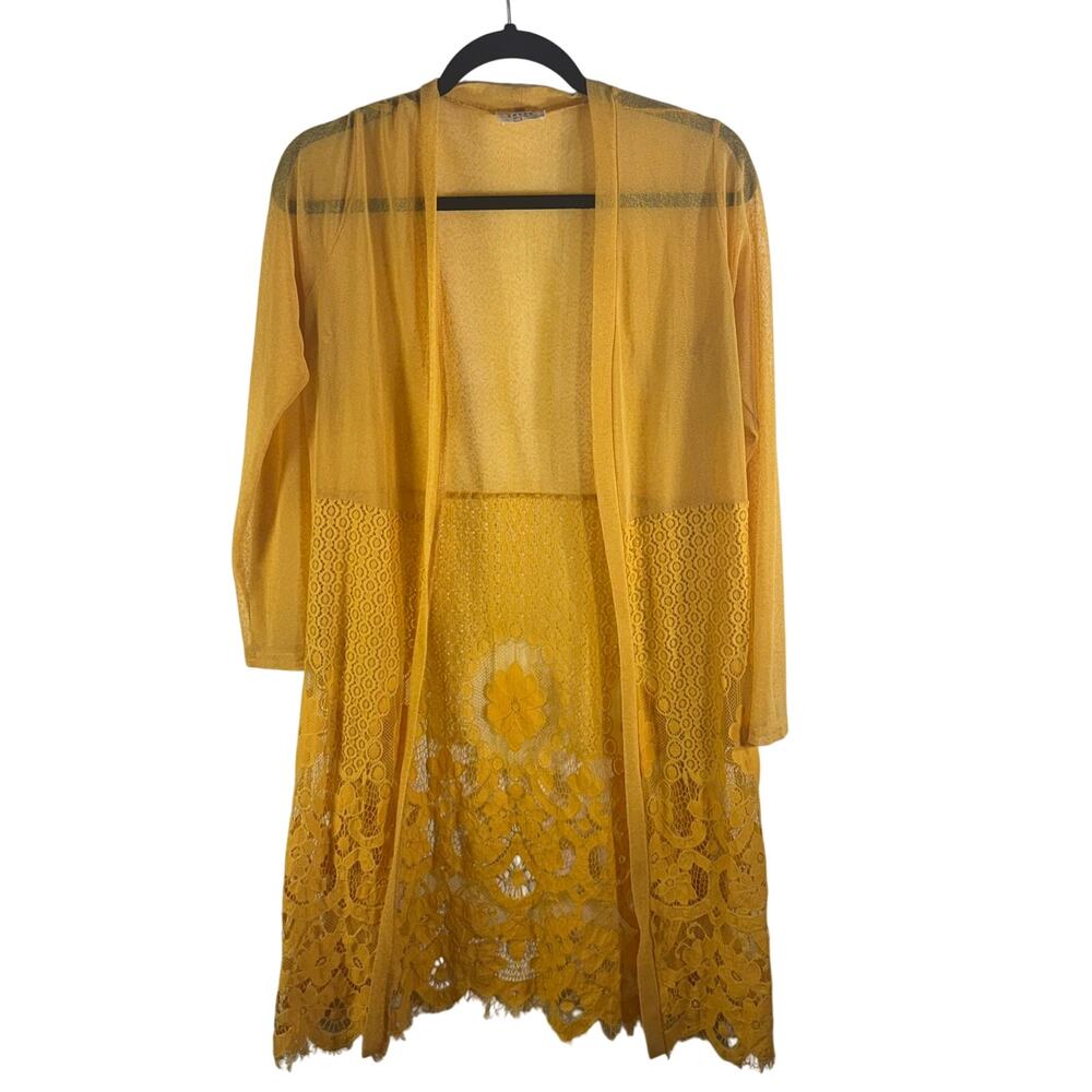 Ember Mustard Yellow Lace Duster Cardigan Sheer Open Front Boho Small Long